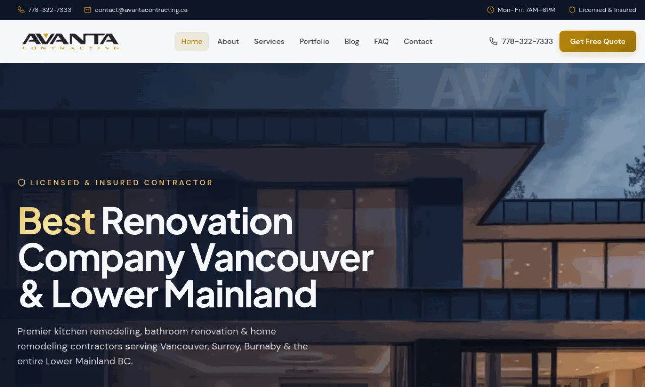 Avanta Contracting website built with SeonixAI technology