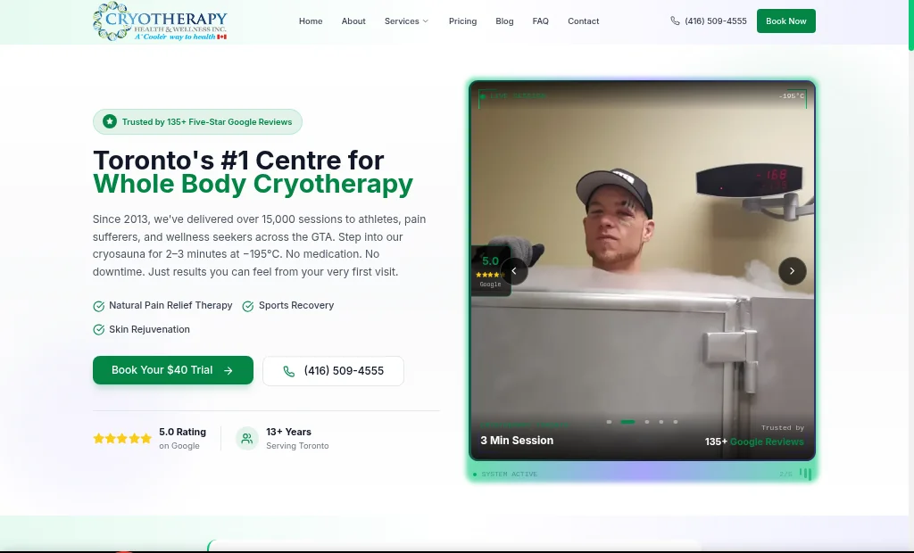 Cryotherapy Toronto website built with SeonixAI technology