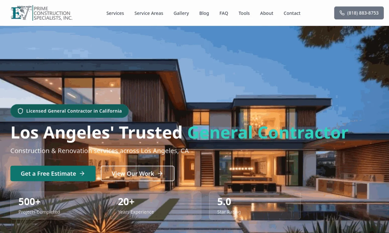 ESV Construction website built with SeonixAI technology