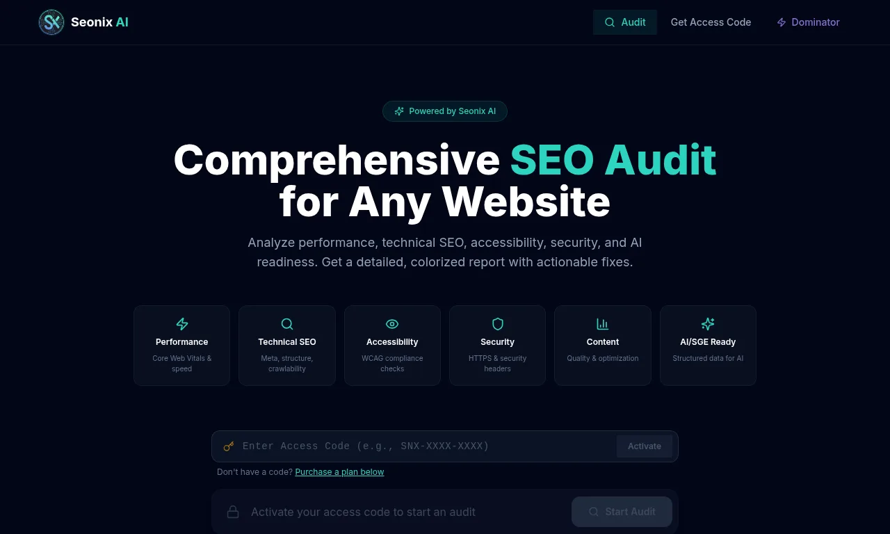 Seonix AuditPro website built with SeonixAI technology