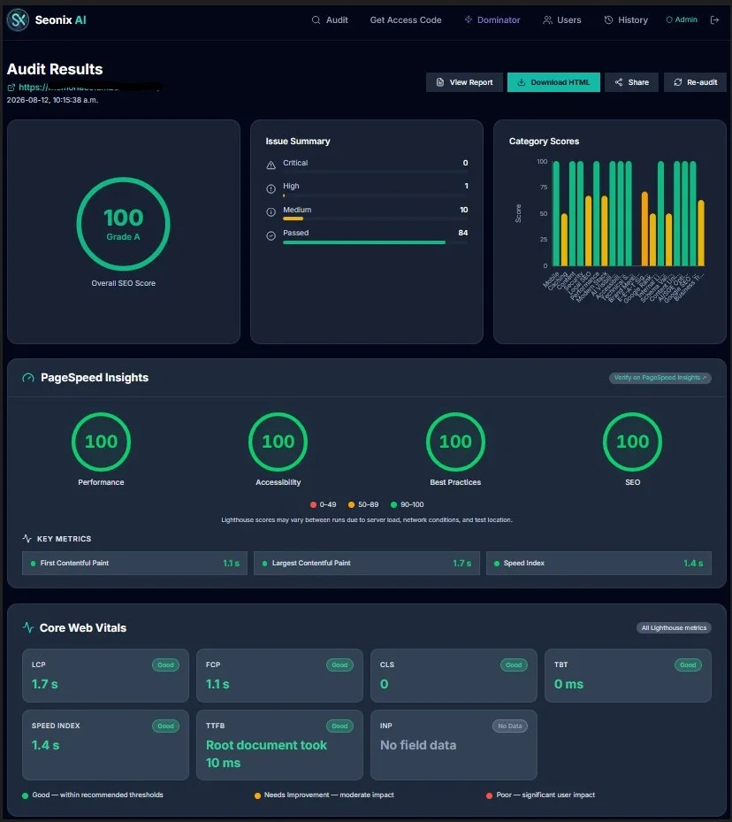SnxAudit Pro — comprehensive SEO, performance, accessibility and security audit dashboard